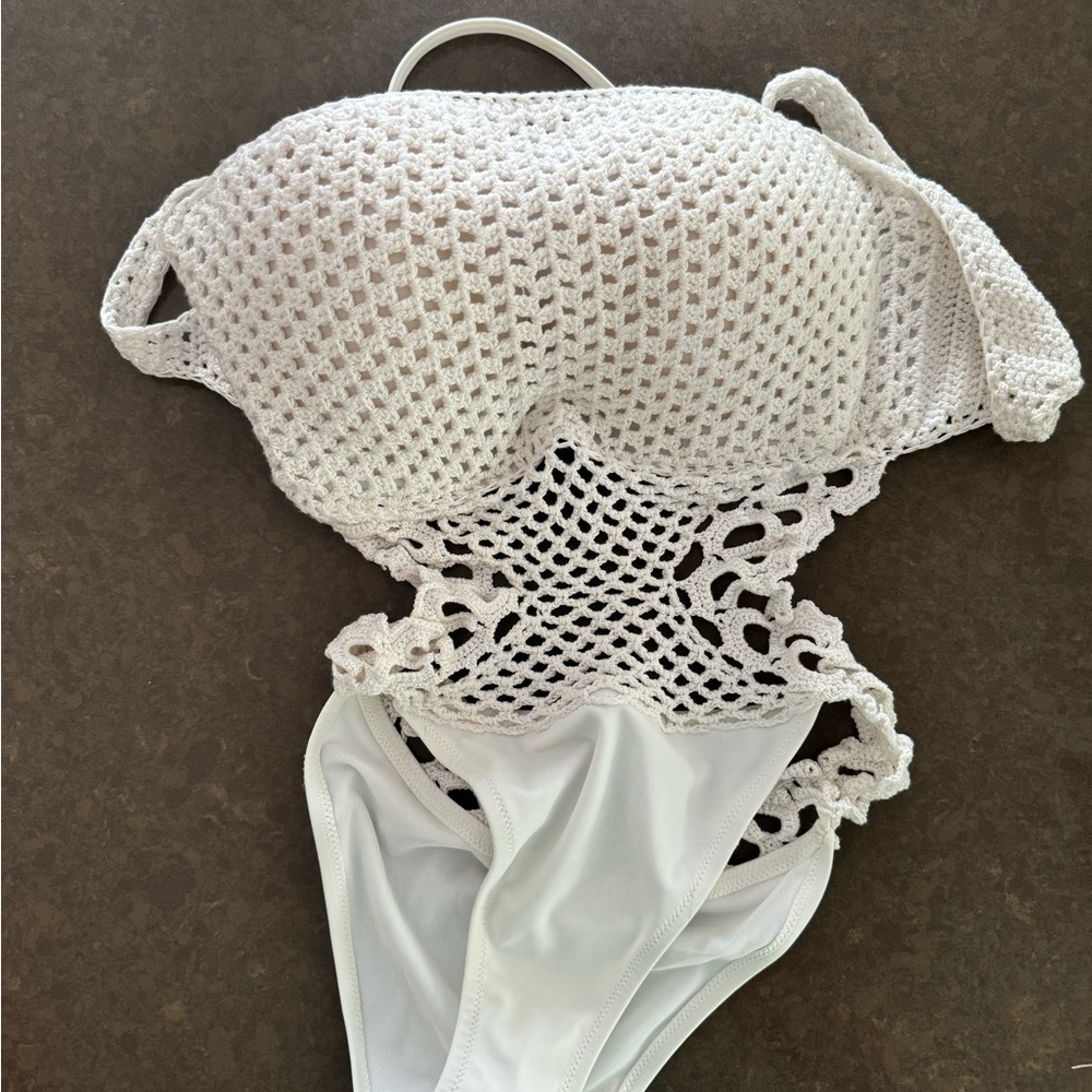 White Crochet One Piece Swimsuit with Cutouts